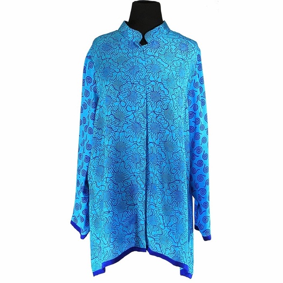 Harshita Water Flora Silk Button Down Blouse - Picture 1 of 15